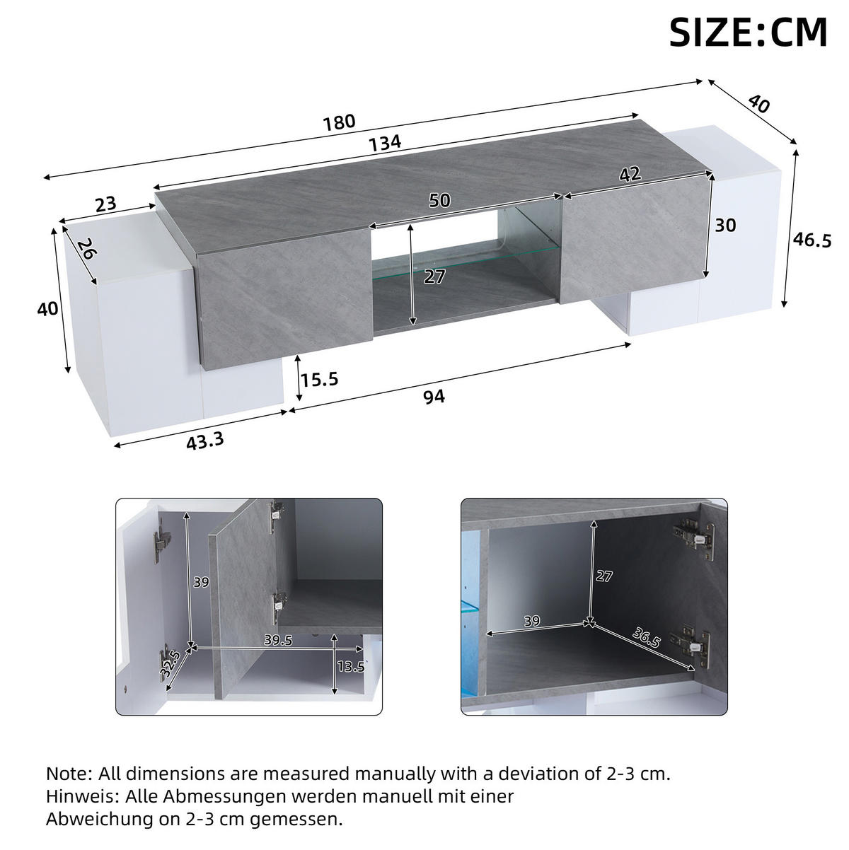 TV-ELEMENT mit LED und Stauraum 180 x 40 x 46,5 cm Weiß Grau - Weiß, Holzwerkstoff (40/46.5/180cm) - Beauniv