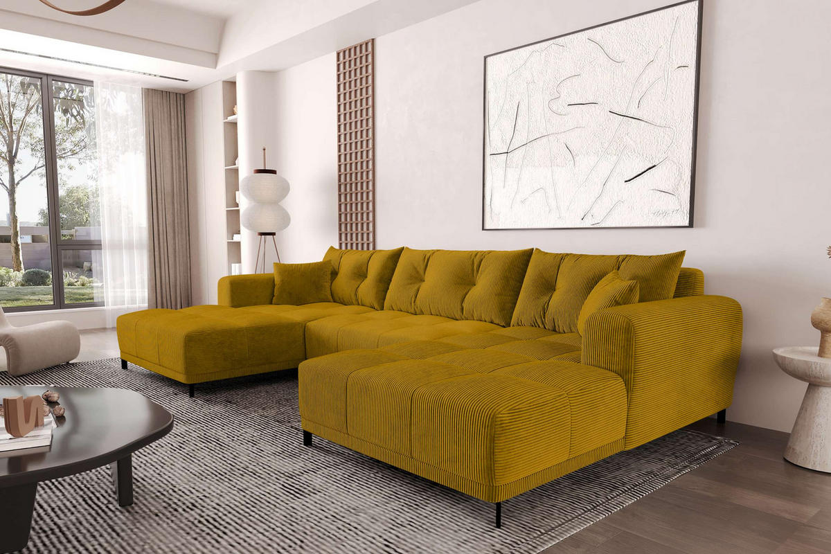 WOHNLANDSCHAFT Massimo Cordstoff Goldfarben inkl. Schlaffunktion - Goldfarben/Schwarz, Textil/Metall (356/94/181cm) - 99rooms