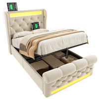 POLSTERBETT 90/200 cm in Beige mit LED-Beleuchtung und USB- und Type-C-Anschlüssen - Beige, Textil (90/200cm) - Flora Grace