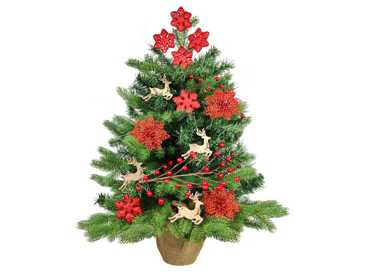 LAALU WEIHNACHTSBAUM geschmückt künstlich HIRSCH 60 cm mit LED-BELEUCHTUNG IM TOPF - Rot/Braun, Kunststoff (60cm) - LAALU