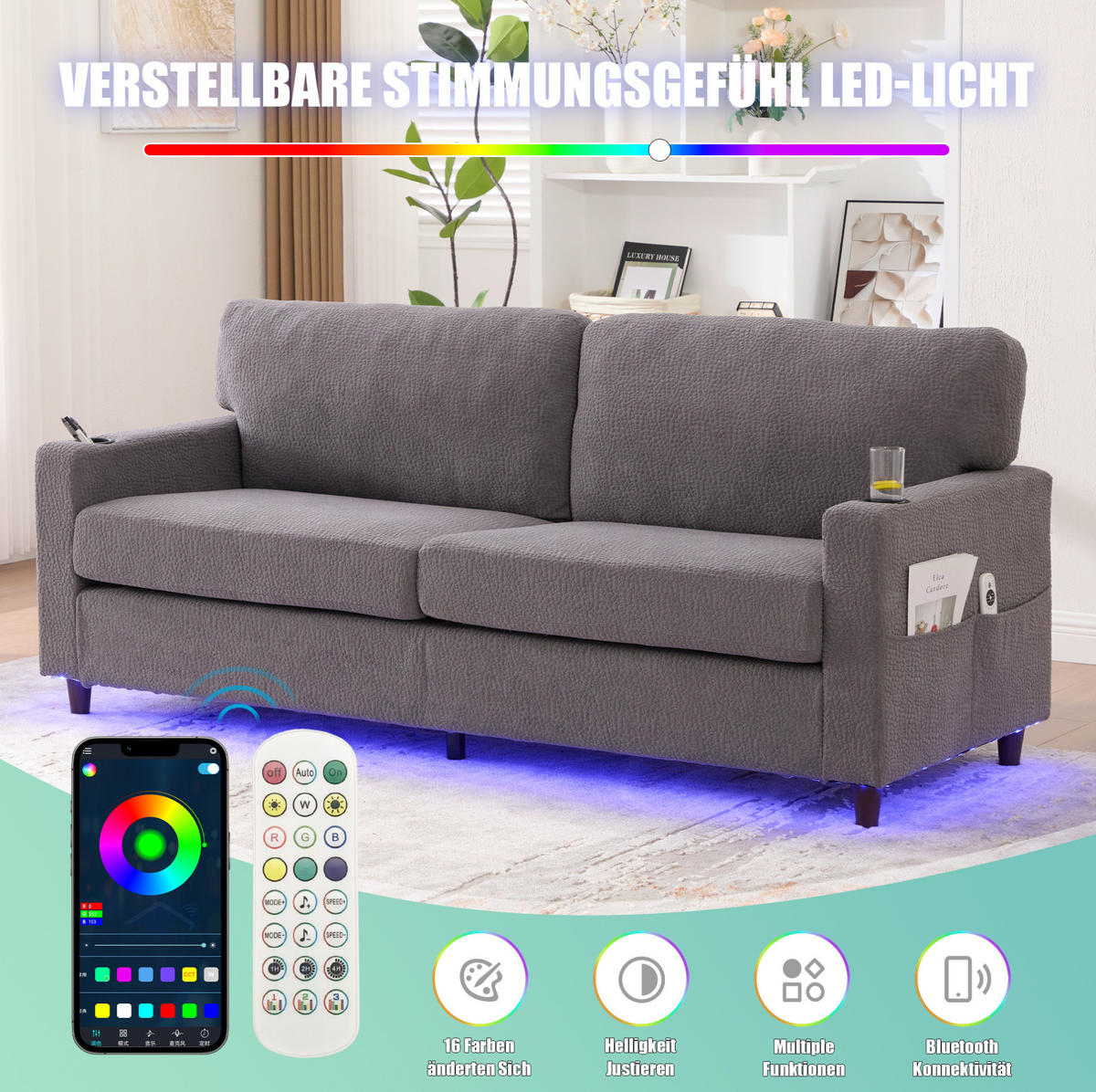 ZWEISITZER Sofa Chenille mit USB-Anschluss LED-Licht und Getränkehaltern 203/77,5/86 cm Hellgrau - Hellgrau, Textil (77.5/86/203cm) - Redom