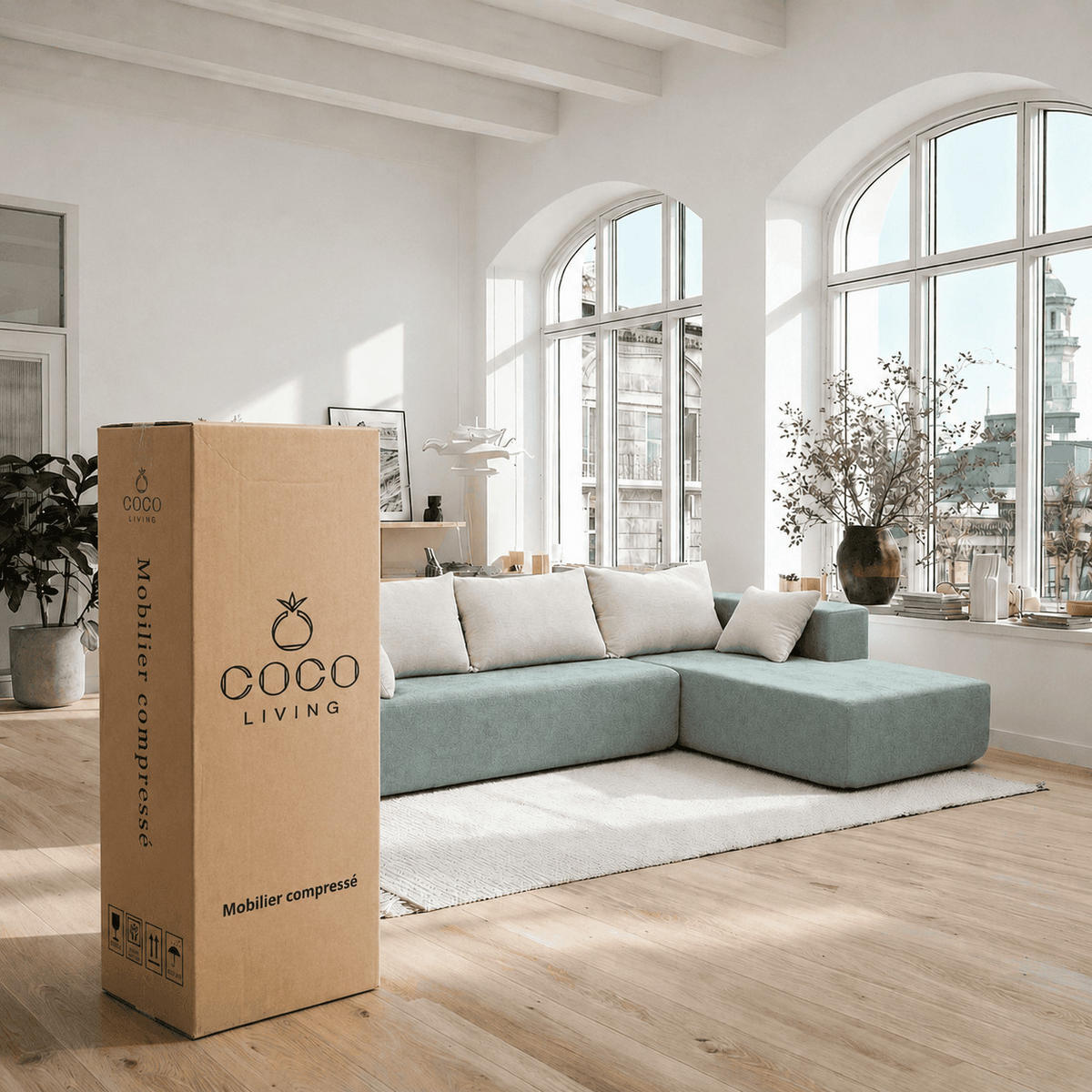 ECKSOFA Luna Salbei Weiß 3-Sitzer Rechts - Salbeigrün, Textil (267/175cm) - COCO Living