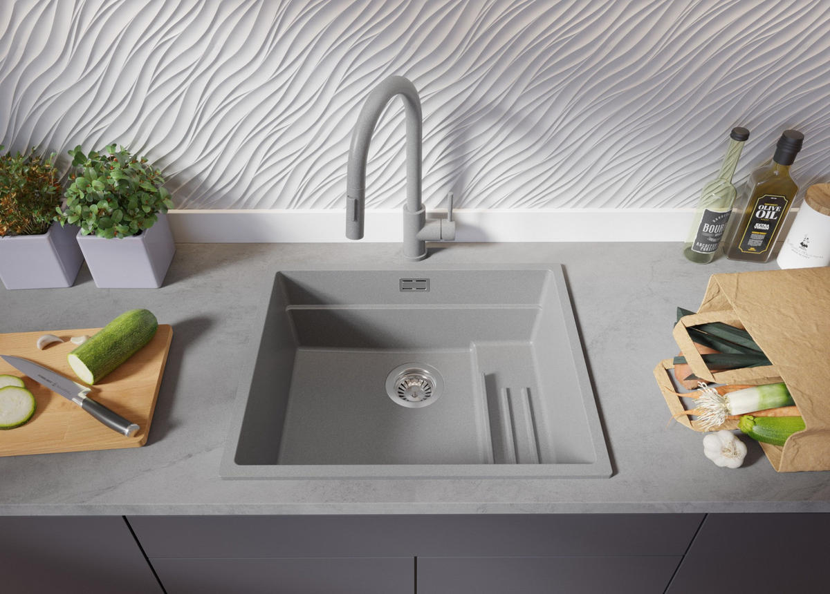 GRANITSPÜLE Praga Slim, 2-er set Grau 56/47 cm 1 Becken + Küchenarmatur 38/14 cm + Ablauf-Set + Aufrollbare Abtropffläche ab 60er Unterschrank - Chromfarben/Grau, Kunststoff (56/20/47cm) - Primagran