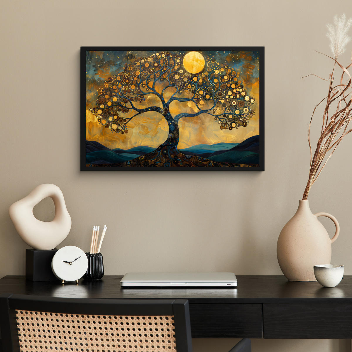 POSTER MIT RAHMENGERAHMTES BILD Baum - Mond - Blumen - Gold - Kunst 60x40 cm - Orange, Papier (60/40cm) - MuchoWow