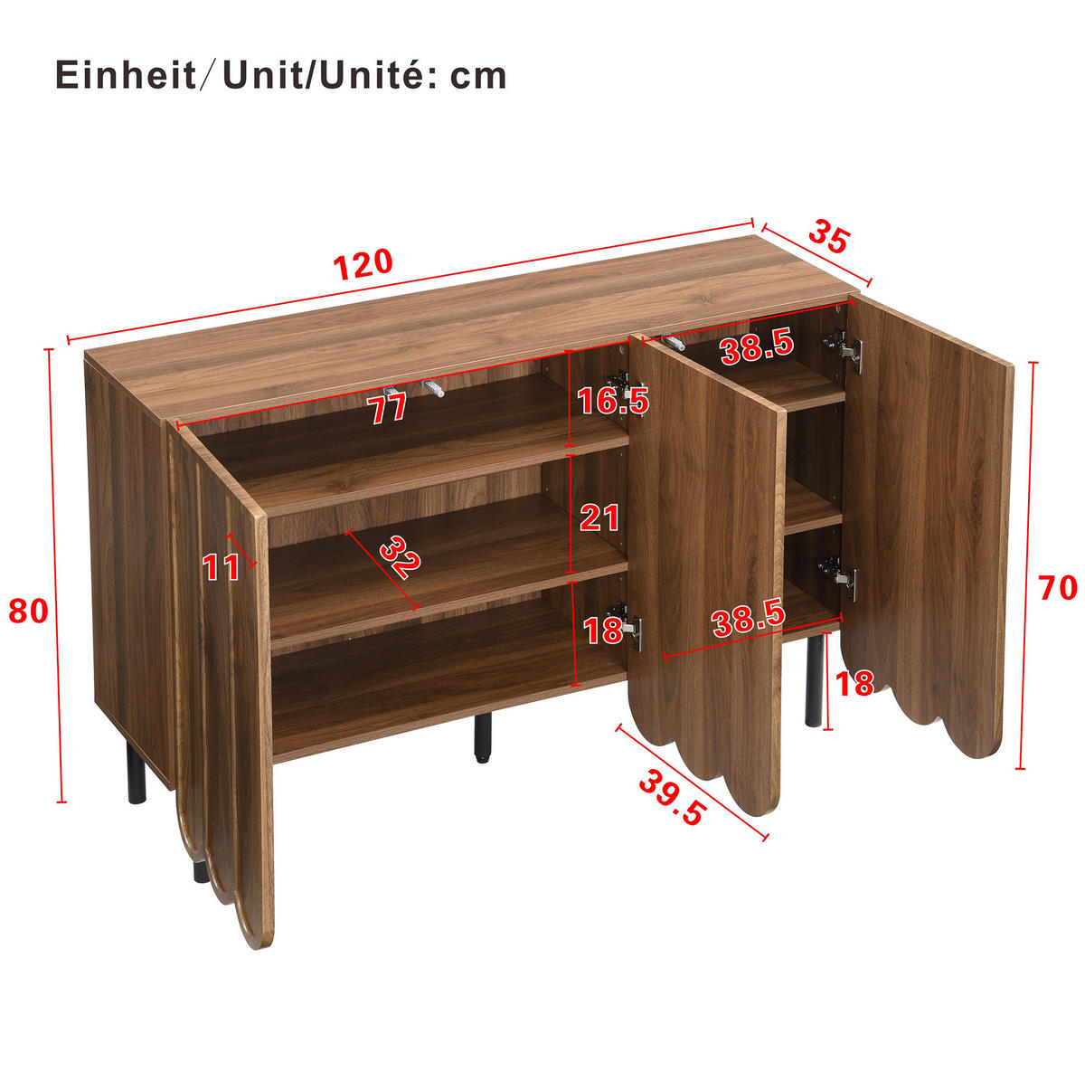 SIDEBOARD 120/35/80 cm aus MDF mit Wellentüren und griffloser Drucköffnung Walnussfarben - Naturfarben, Holzwerkstoff (35/80/120cm) - Modenvie