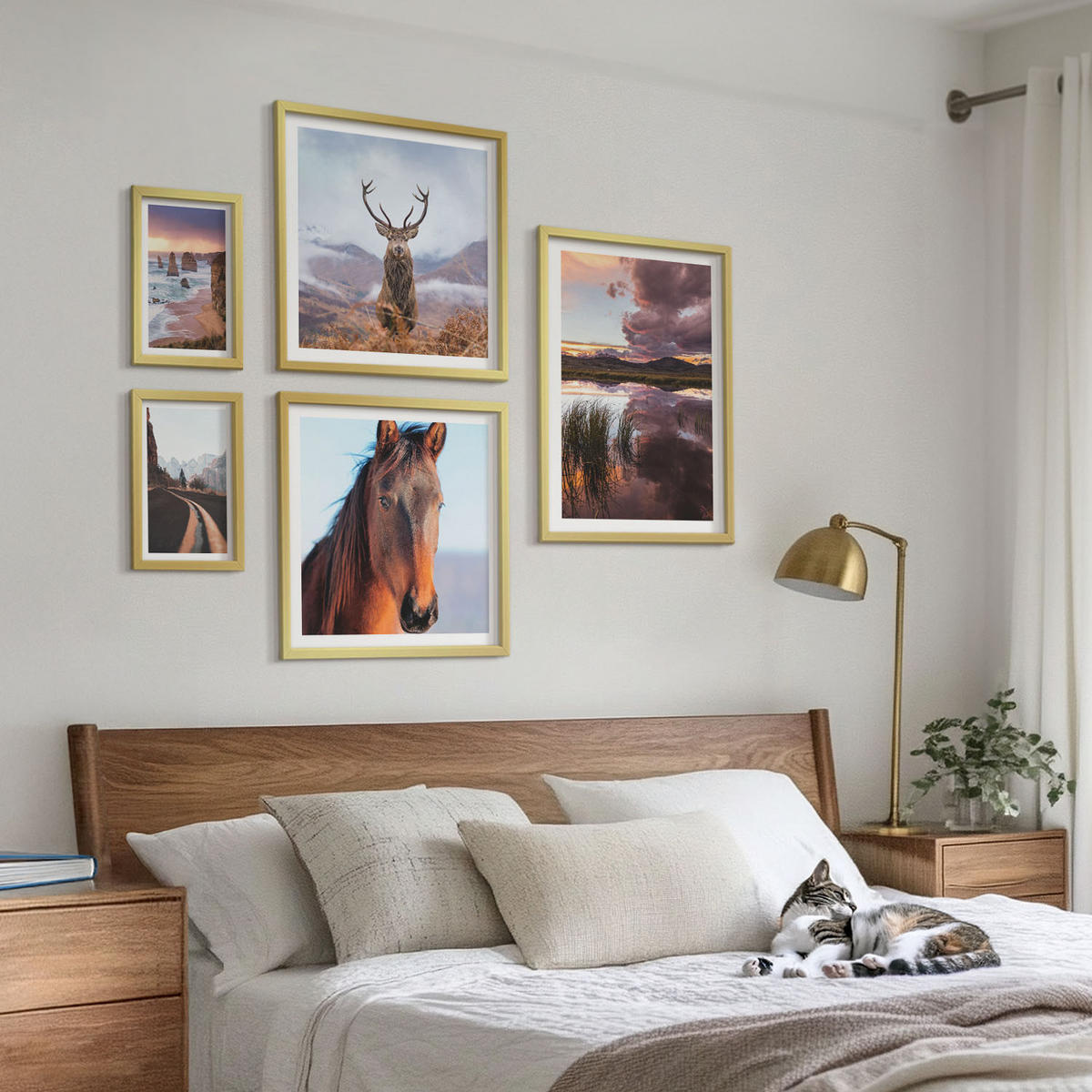 WANDBILDER 5er Set - 50x50 cm & 20x30 cm & 40x60 cm Goldrahmen - Berglandschaften, Rentiere, Pferdestraße - Goldfarben, Kunststoff (40/60cm) - ArtPrintCave