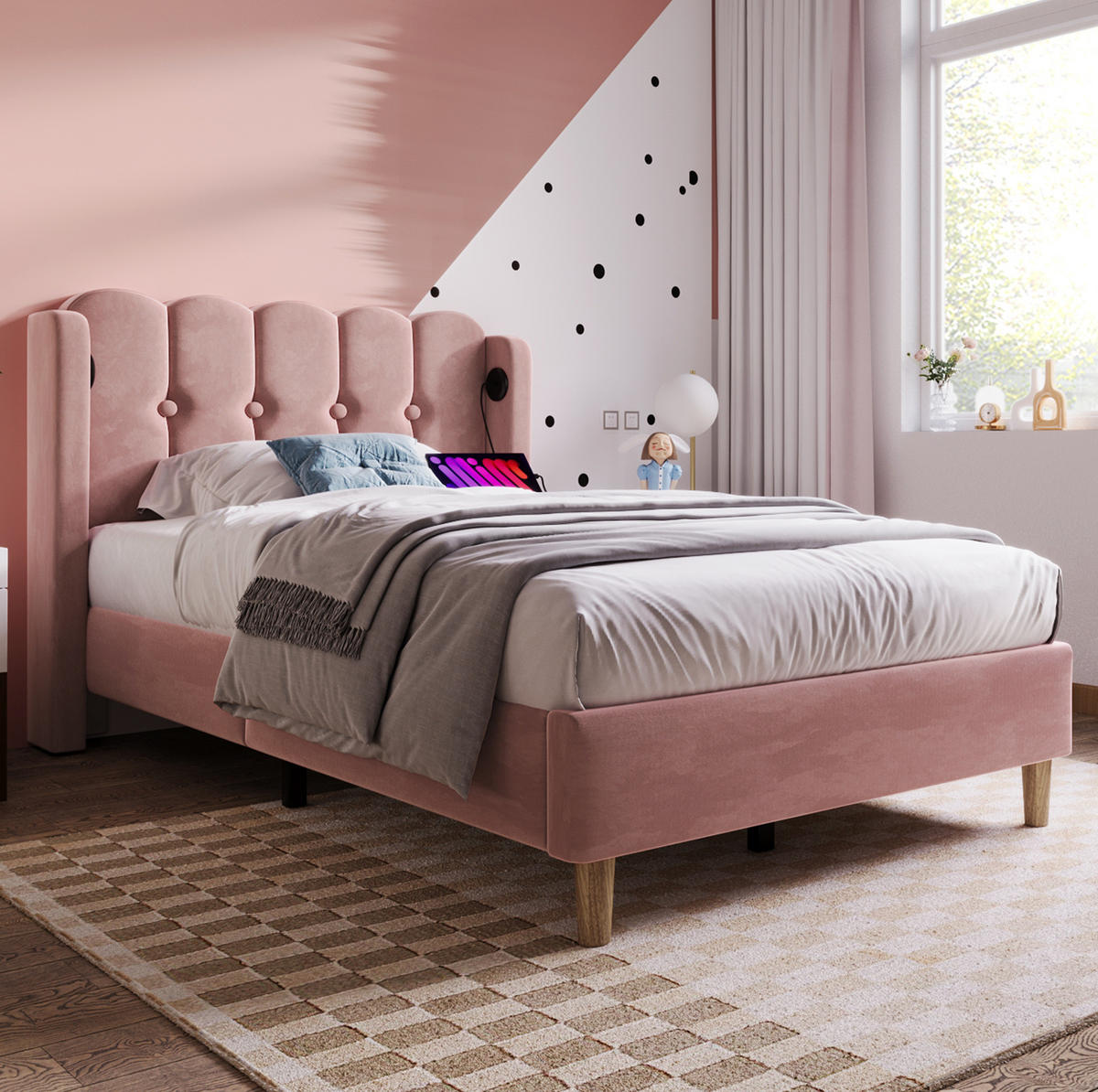 POLSTERBETT 90/200 cm mit USB- & Typ-C-Anschluss, Samtbezug in Rosa, Design-Kopfteil, Rosa - Rosa, Textil (90/200cm) - Redom