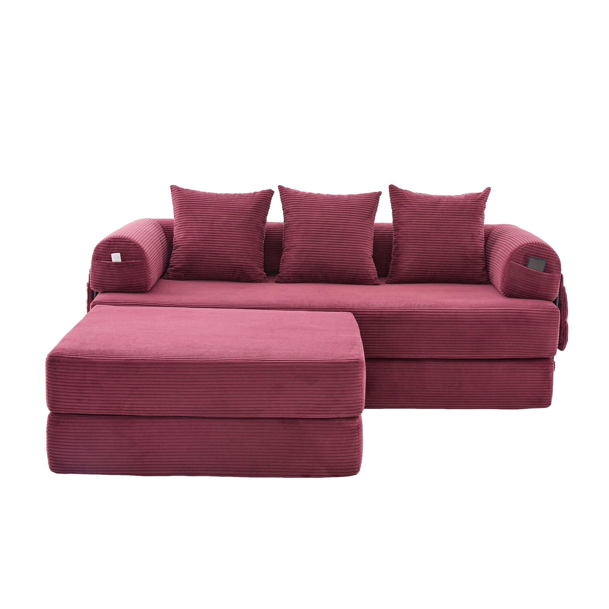 ECKSOFA Cord Weinrot mit Hocker und Kissen - Weinrot, Textil/Metall (218/285cm) - WISHDOR