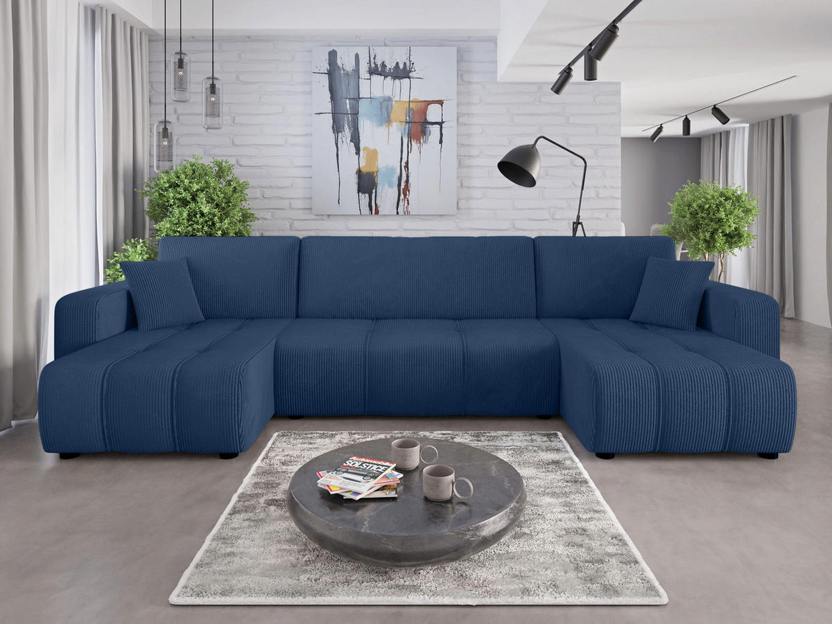 WOHNLANDSCHAFT Aice U-Form 317 cm – mit Schlaffunktion, Bettkasten, Kissen & bequemer Wellenfederung - Blau, Kunststoff (317/85/146cm) - Wohnideebilder