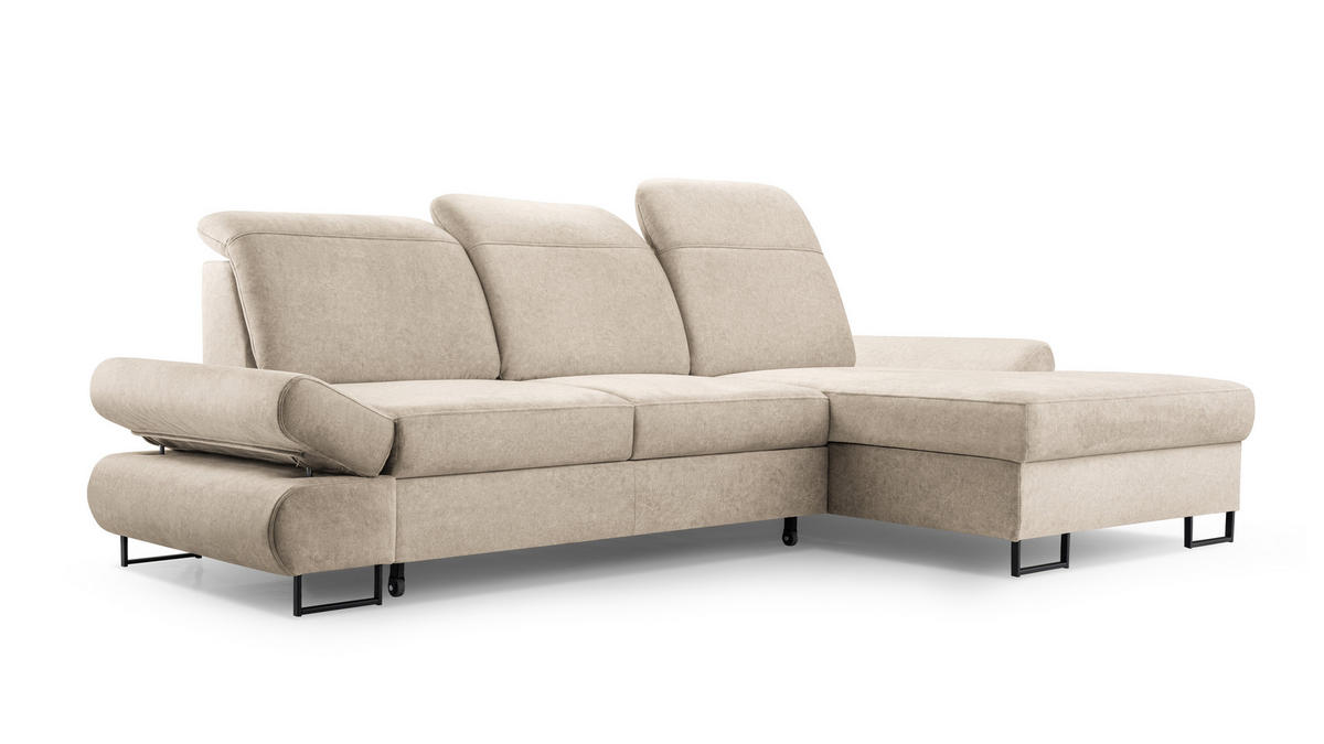 ECKSOFA NANO Beige Velours-Stoff mit Schlaffunktion - Beige, Holz (265/156cm) - MASSENO