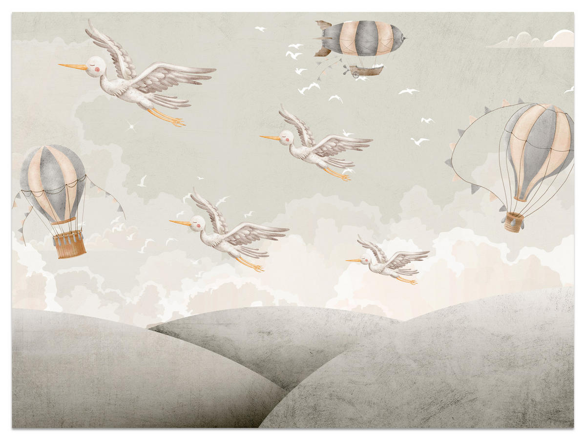 FOTOTAPETE für Kinderzimmer Boho Störche Aquarell Balon Luftschiff Himmel 450x315 - Beige/Weiß, Papier (450/315cm) - Muralo