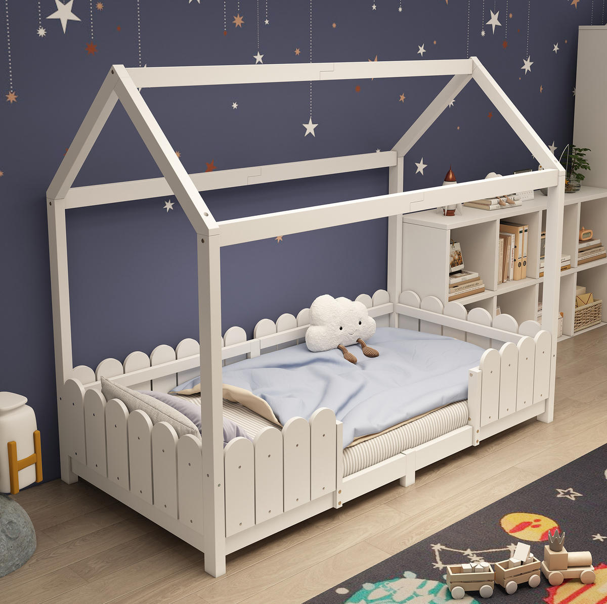 KINDERHAUSBETT 90/200 cm Weiß aus Kiefernholz und MDF mit Rausfallschutz - Weiß, Holz (90/200cm) - OKMYHOME