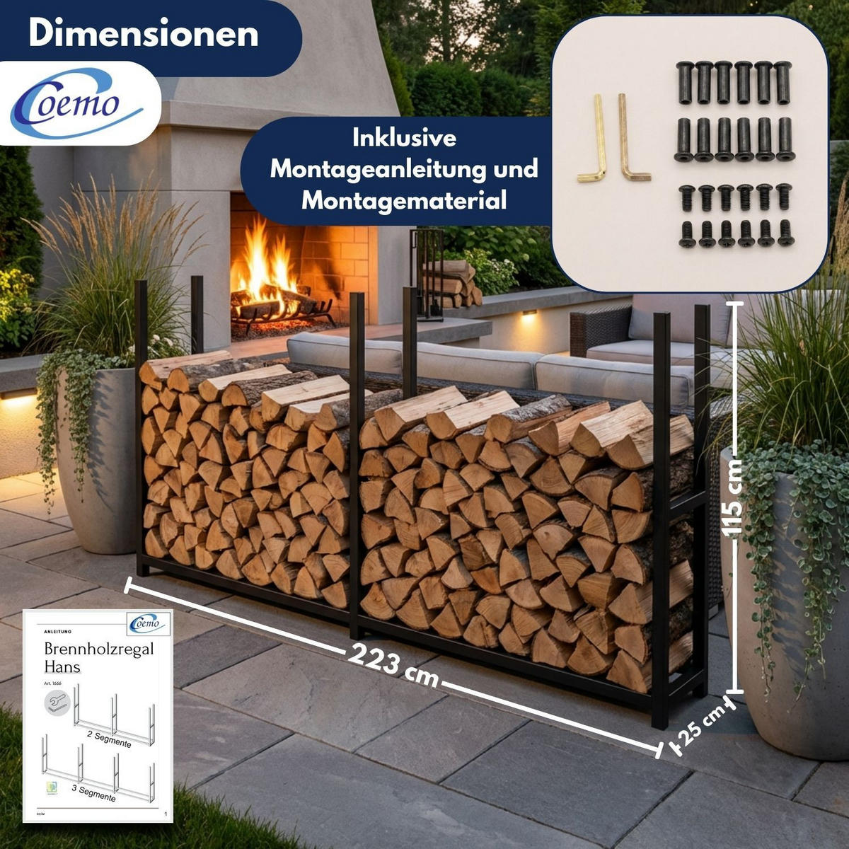 BRENNHOLZREGAL HANS Metall Schwarz 223/25/115 cm - Schwarz, Metall (25/115/223cm) - Coemo