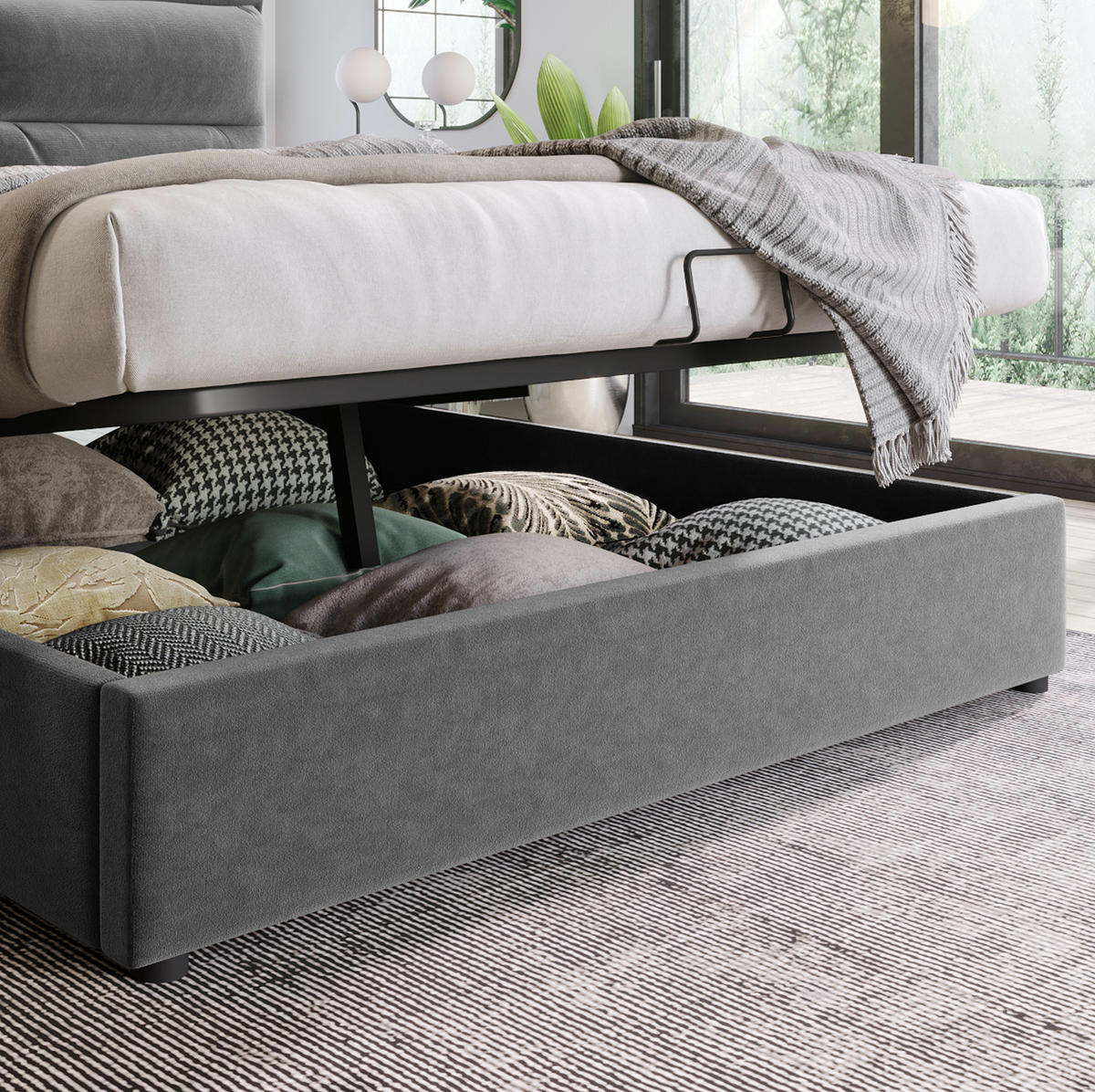 ČALÚNENÁ posteľ 140/200 cm s matracom, nastaviteľným čelom a hydraulickým úložným priestorom, Sivá - sivá, textil (140/140cm) - Redom