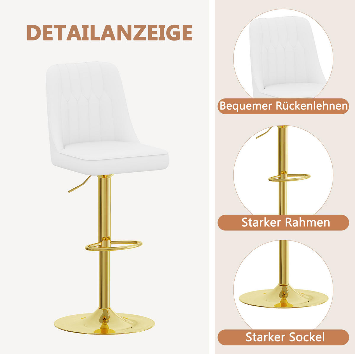 BARHOCKER-SET 2-teilig höhenverstellbar Weiß/Gold mit 360°-Drehfunktion - Weiß, Metall (44/117.5/44cm) - MIVRAY