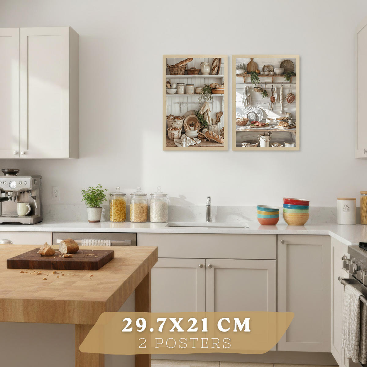 PLAKAT Sada 2 dekorativních kuchyňských prostěradel na stěně. Venkovský styl.Rám z lehkého dřeva velikosti A4 - béžová, papír (29.7/42/3cm)