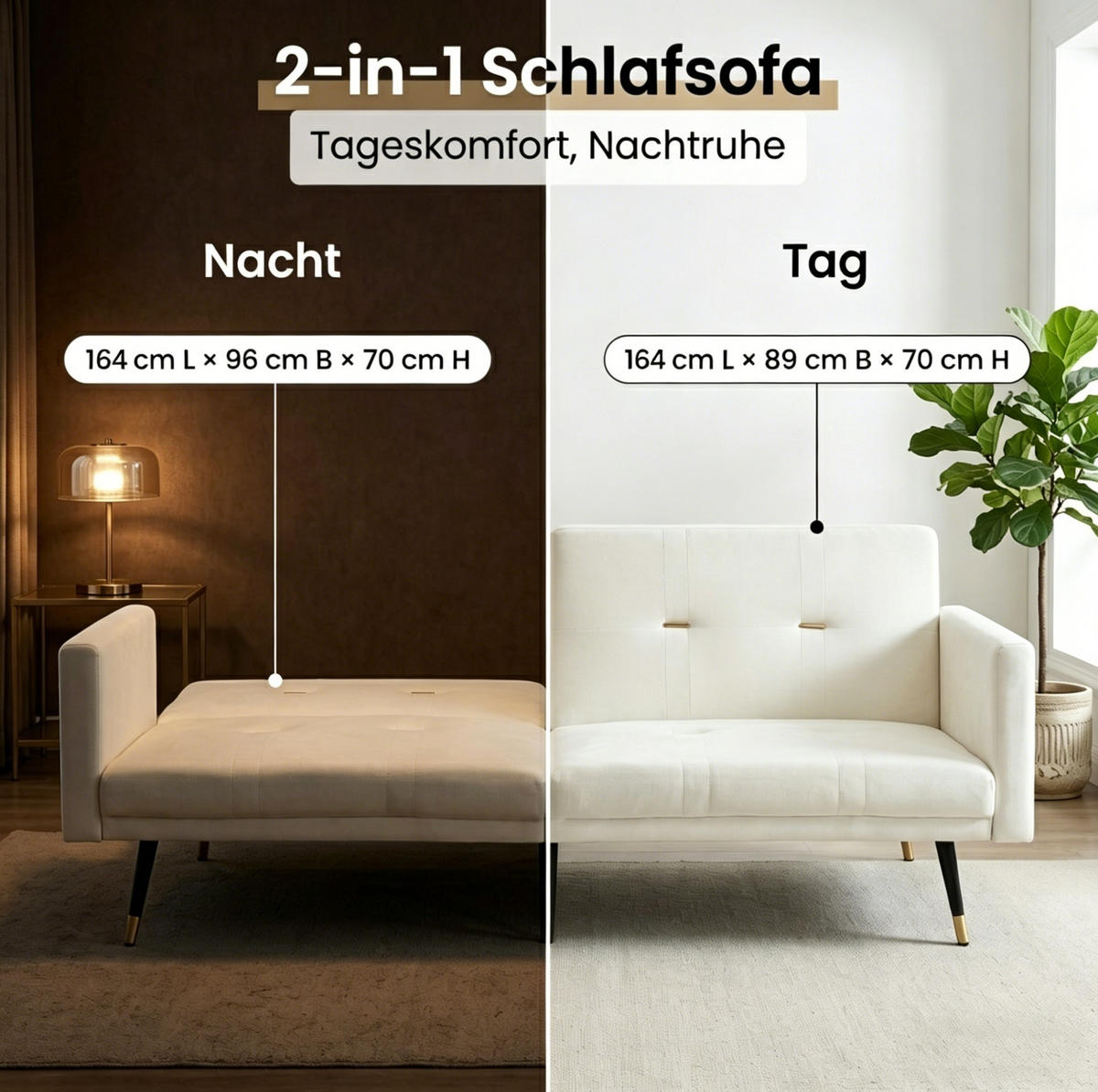 SCHLAFSOFA mit verstellbaren Rückenlehnen, 2-in-1 Gästebett und Samtbezug, Beige - Beige, Textil (164/70/89cm) - Redom
