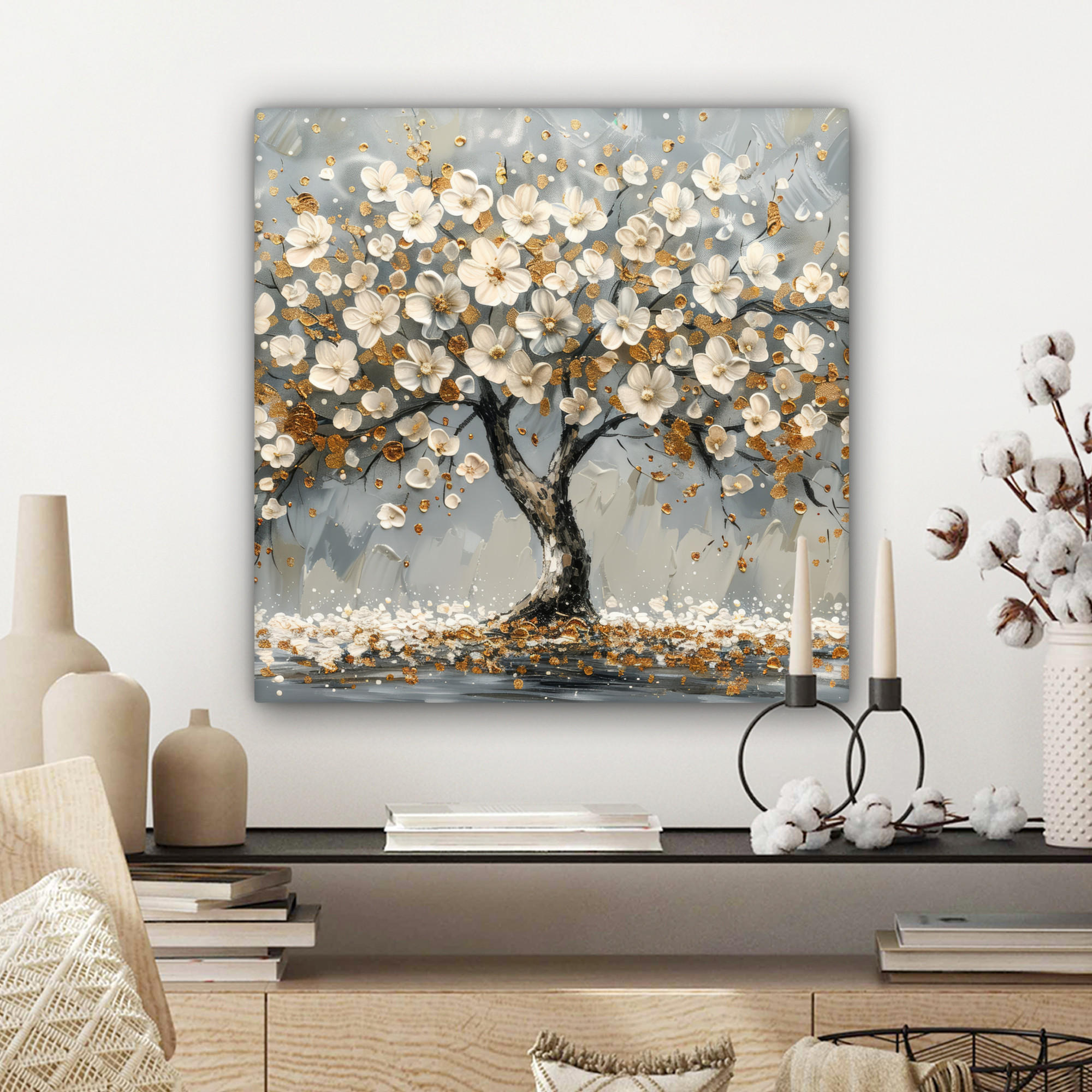 LEINWANDBILD Baum - Blumen - Weiß - Natur - Kunst 50x50 cm - Weiß, Textil (50/50cm) - MuchoWow