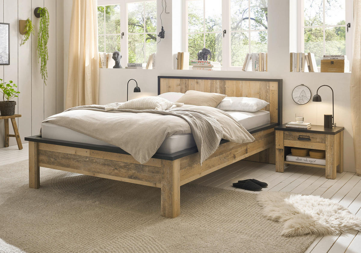 BETT Used Wood hell, Anthrazit, Einzelbett Liegefläche 140 x 200 cm - Eichefarben/Anthrazit, Holzwerkstoff/Metall (140/200cm) - Furn.Design