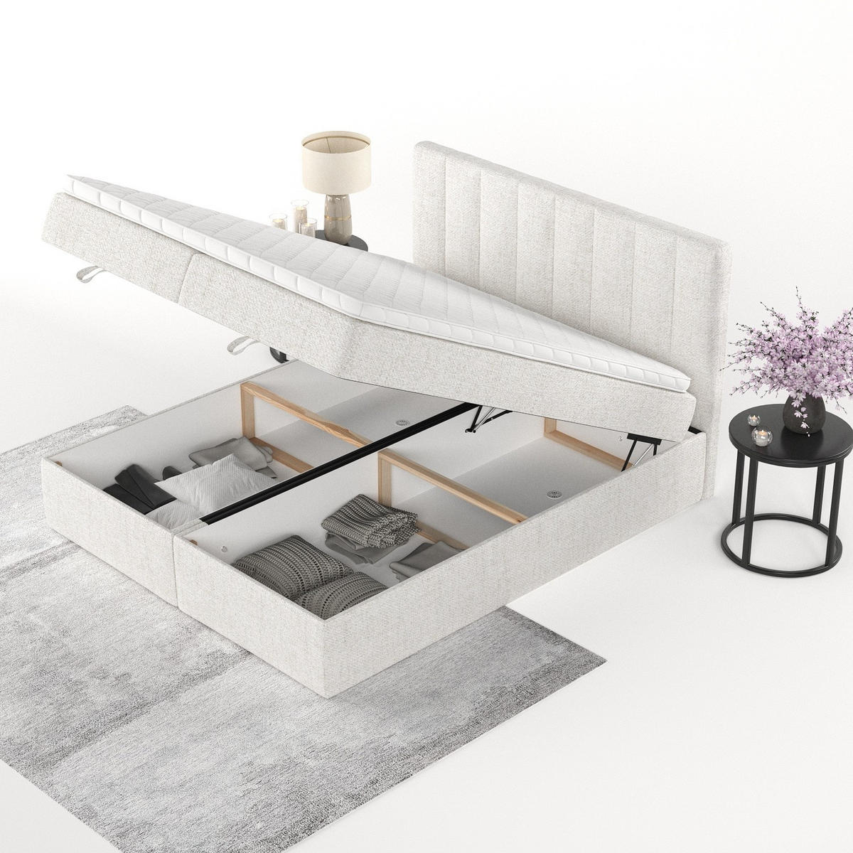 BOXBETT Lusso 180/200 cm Creme im Neve Stoff - Creme/Schwarz, Holz/Holzwerkstoff (180/200cm) - AltaBeds