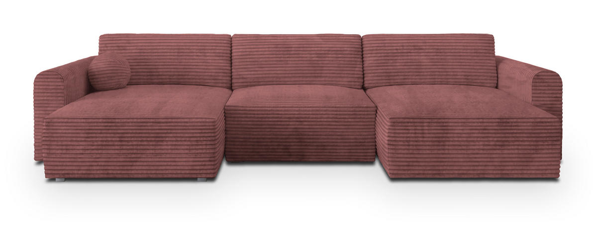 WOHNLANDSCHAFT FENTO Rosa Kordstoff mit Schlaffunktion - Rosa, Holz (347/90/148cm) - MASSENO