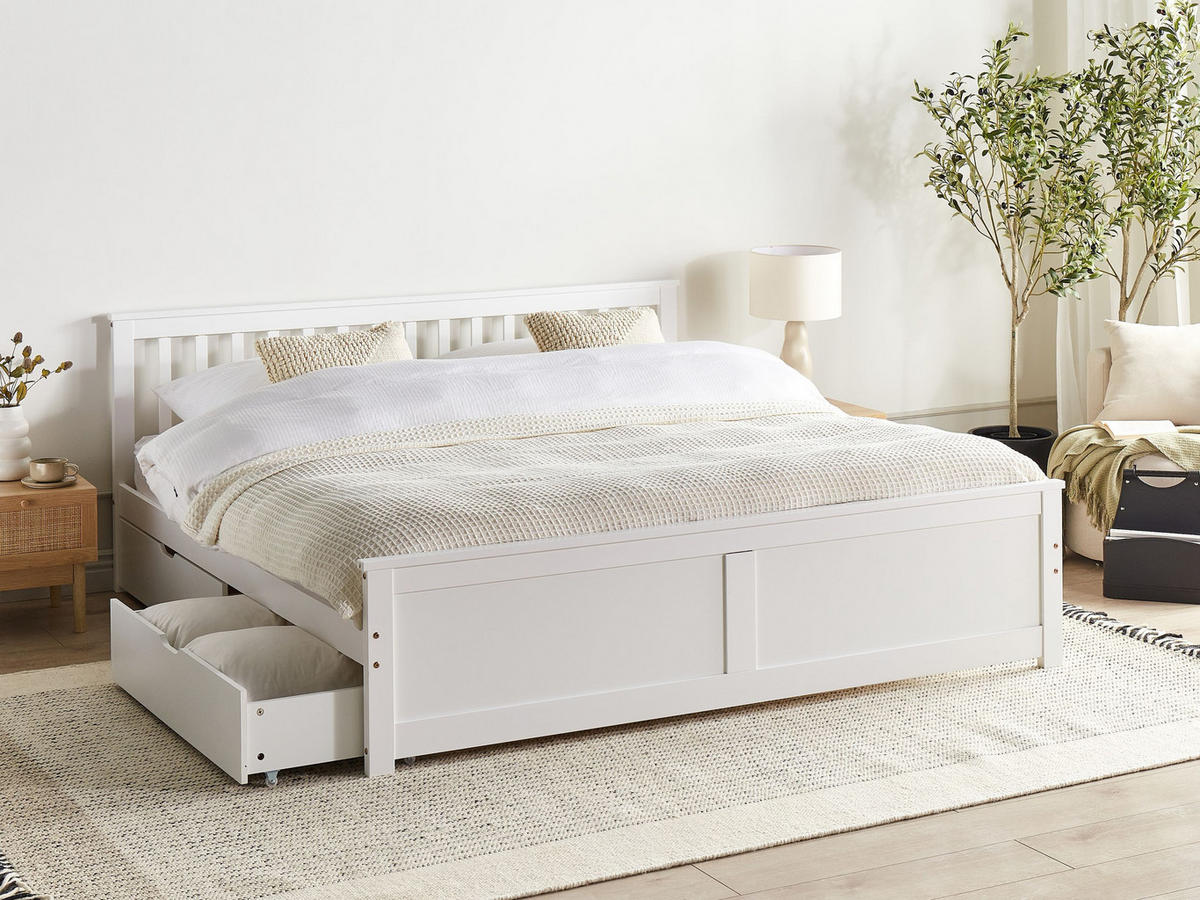 BETT mit Schubladen 180x200 cm Weiß Olendon - Weiß, Holz (180/200cm) - Beliani