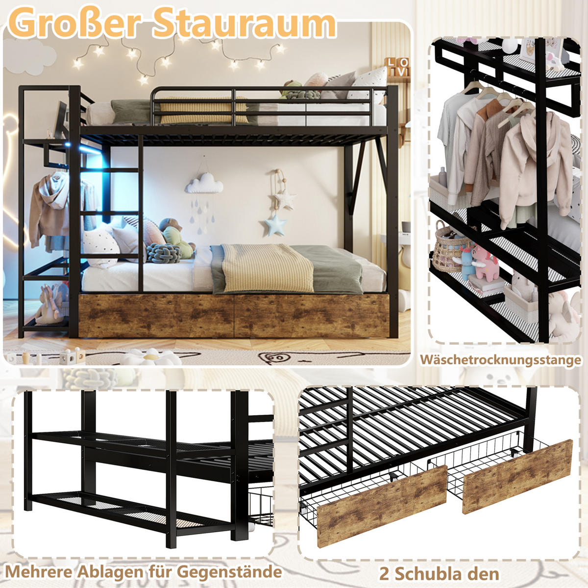ETAGENBETT 140/200 cm Schwarz mit LED-Beleuchtung und 2 Schubladen - Schwarz, Metall (140/200cm) - Flora Grace