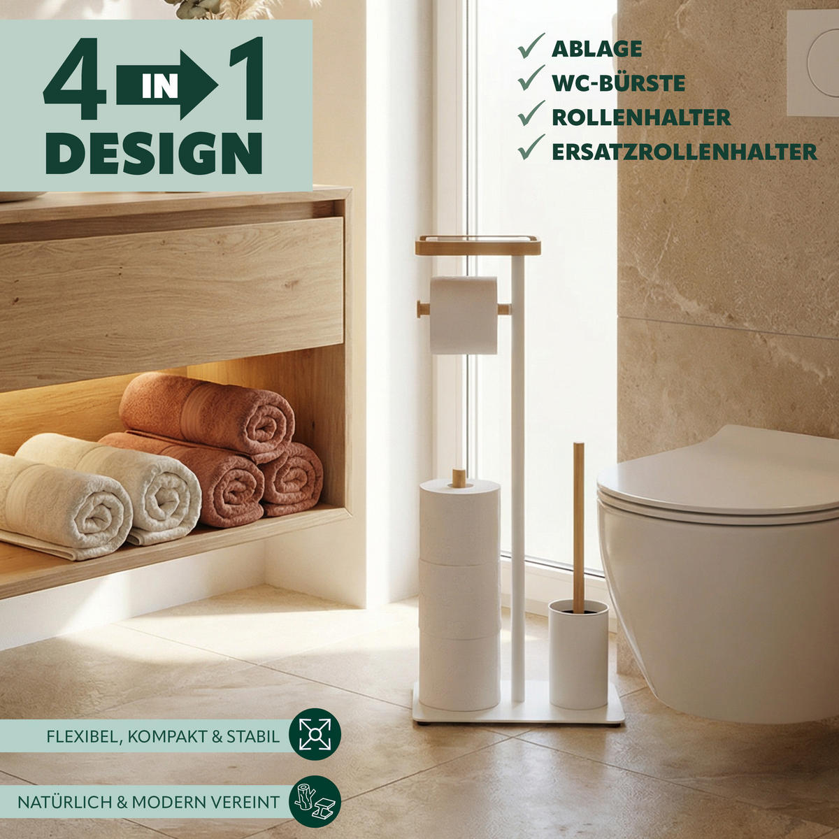 STAND-WC-GARNITUR 4in1, Bambus/Metall weiß - Weiß, Metall (30/68/18cm) - eluno