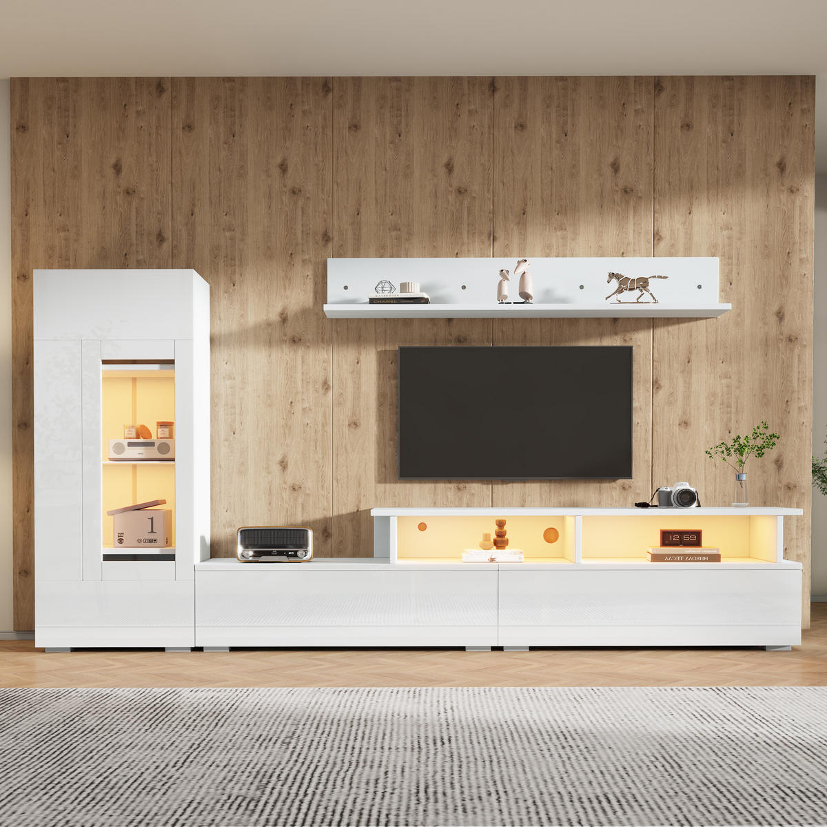 WOHNWAND 3-teilig LED Hochglanz Weiß TV Schrank - Weiß, Holzwerkstoff (170/45/35cm) - FLIEKS