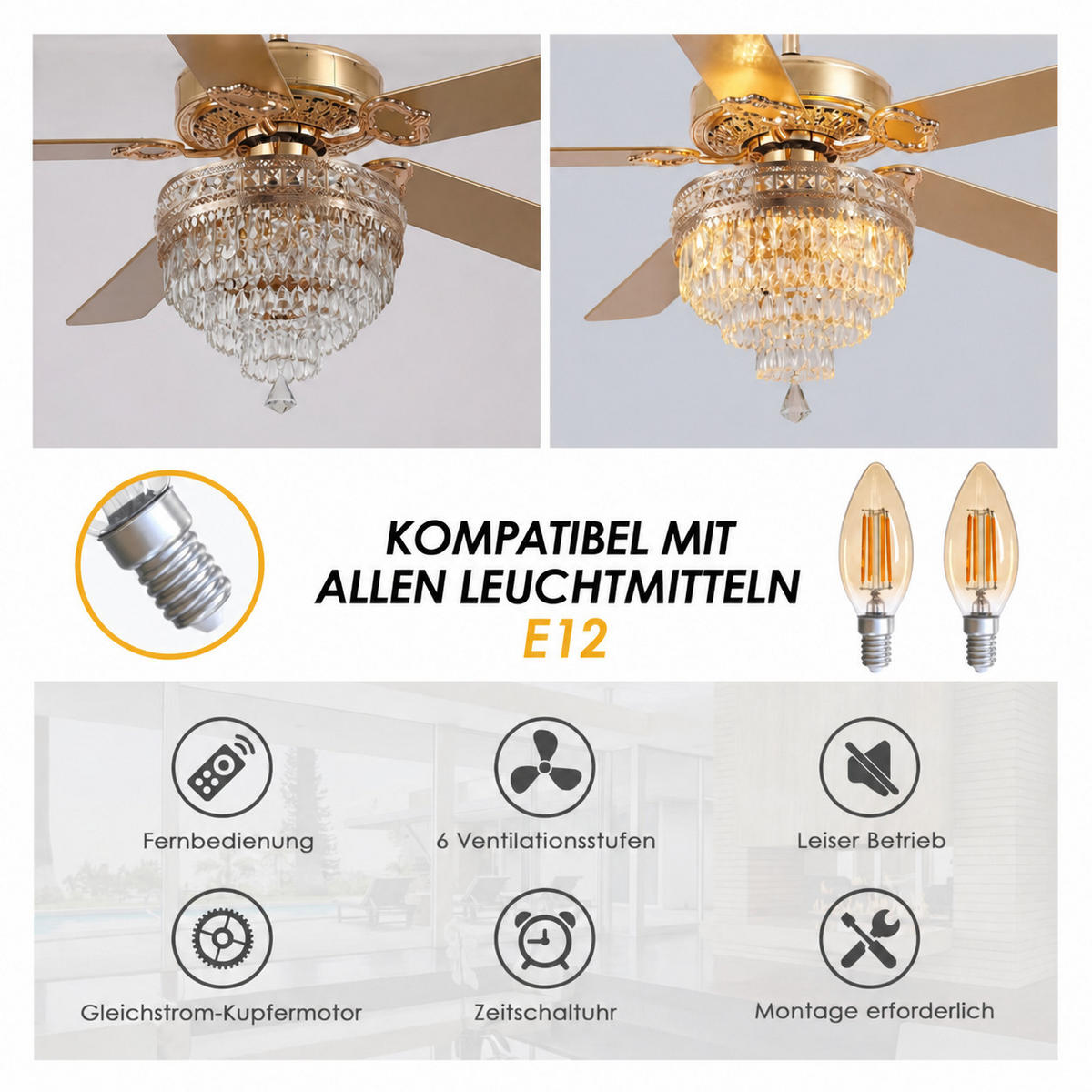 DECKENVENTILATOR Goldfarben 157,5 cm mit Kristallleuchte und Fernbedienung - Goldfarben, Metall (157.5/157.5/62.5cm) - Surtime