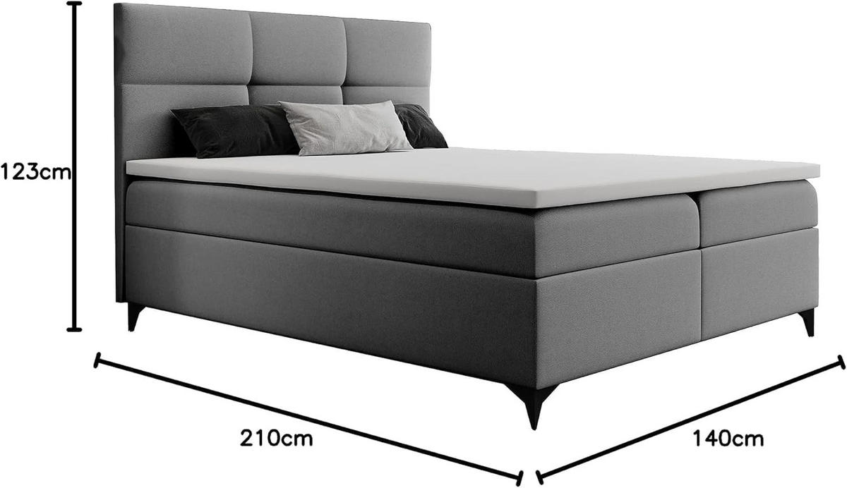 BOXBETT 140 x 200 cm mit Bettkasten und Bonellmatratze H3, LIMBA, mit Topper 5 cm und Metallfüße, Grau - Schwarz/Grau, Holzwerkstoff/Kunststoff (140/200cm) - Trada