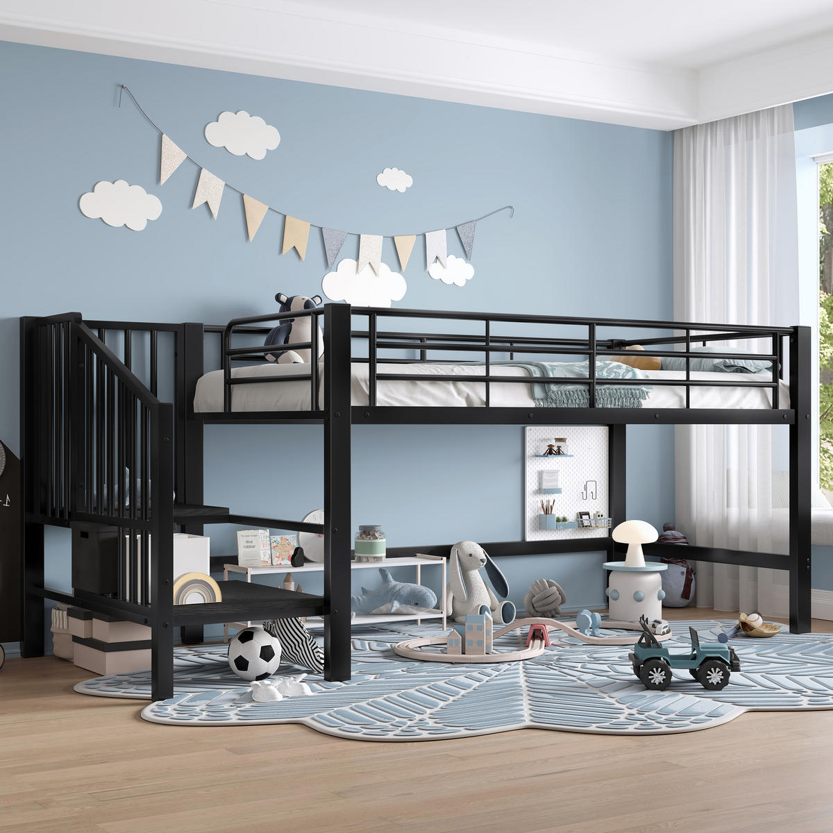 HOCHBETT 90/200 cm in Schwarz halbhoch mit Stauraumtreppe und Lattenrost Kinderbett - Schwarz, Metall (90/200cm) - STILVORA
