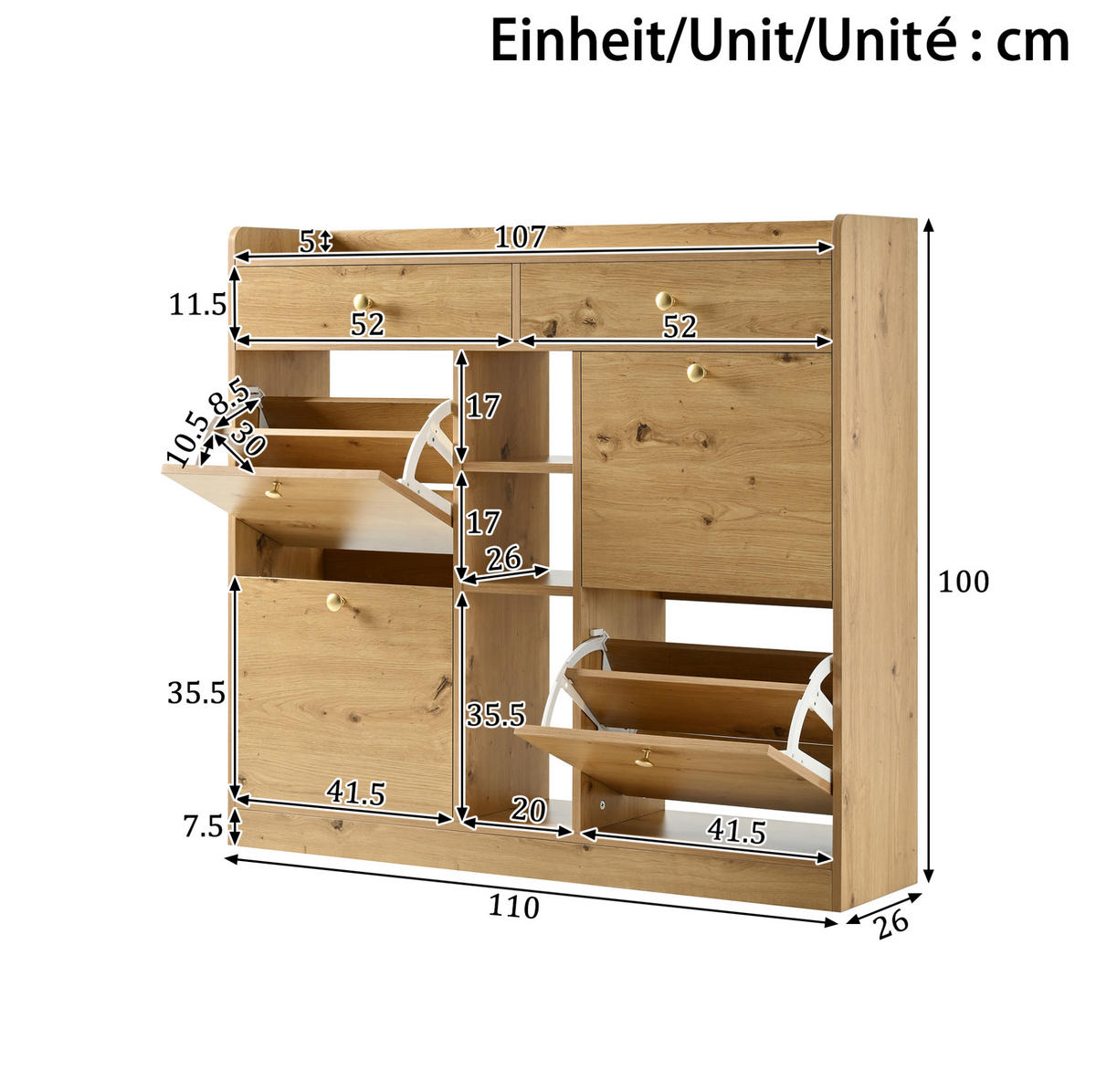 SCHUHSCHRANK 110/26/100 cm mit 4 Klappen und 2 Schubladen in Natur - Naturfarben, Holzwerkstoff (110/100/26cm) - BEAOK