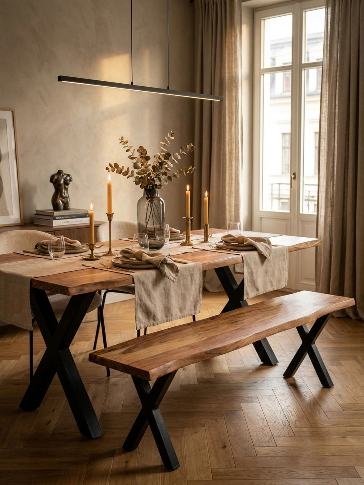 ESSZIMMERBANK Massivholz Metall Baumkante X-Beine, Akazie 180x40x46 cm - Schwarz/Braun, Holz/Metall (180/46/40cm) - KADIMA DESIGN
