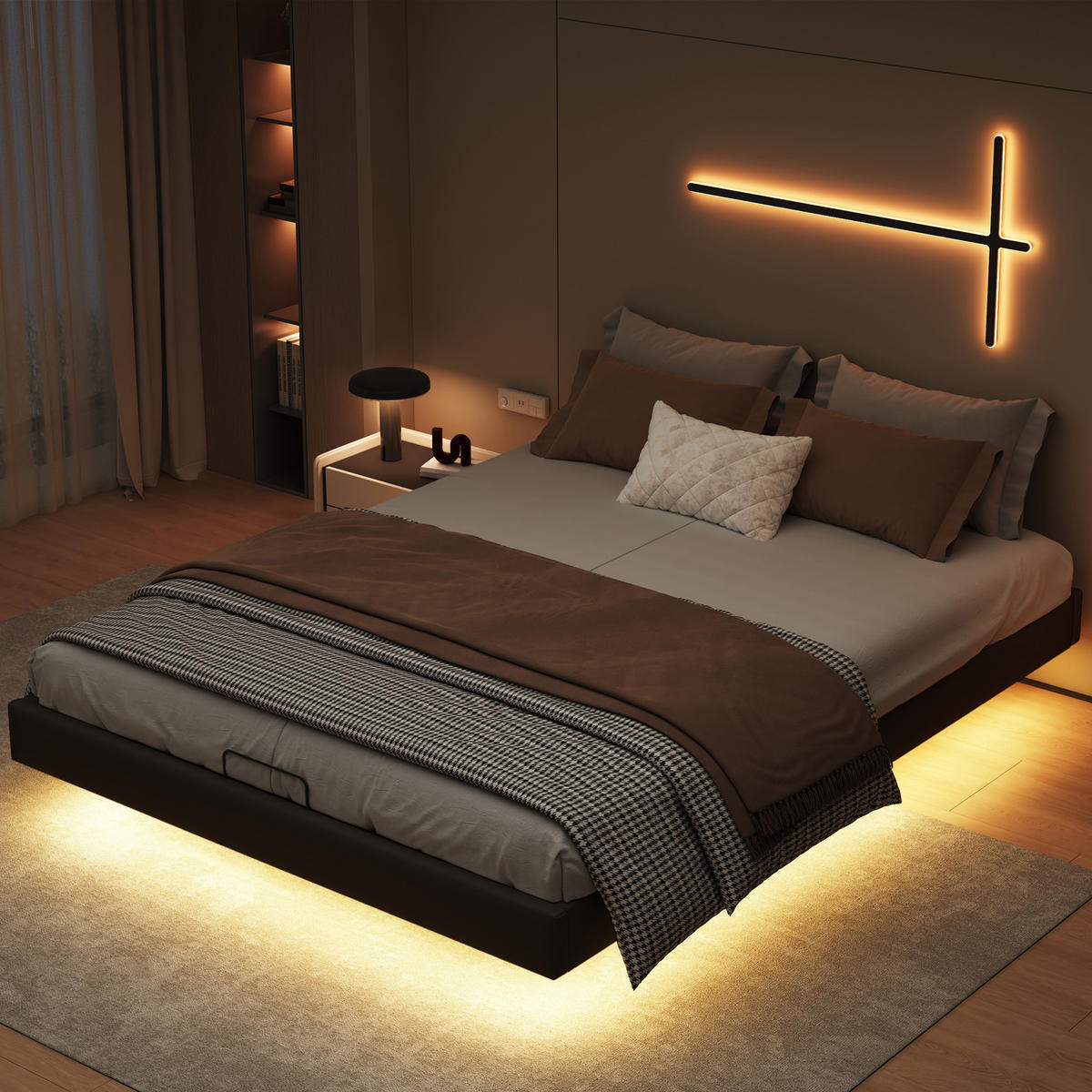 SCHWEBENDBETT 160x200 LED Metallrahmen Stauraum - Schwarz, Holzwerkstoff (160/200cm) - SHOPENTRA