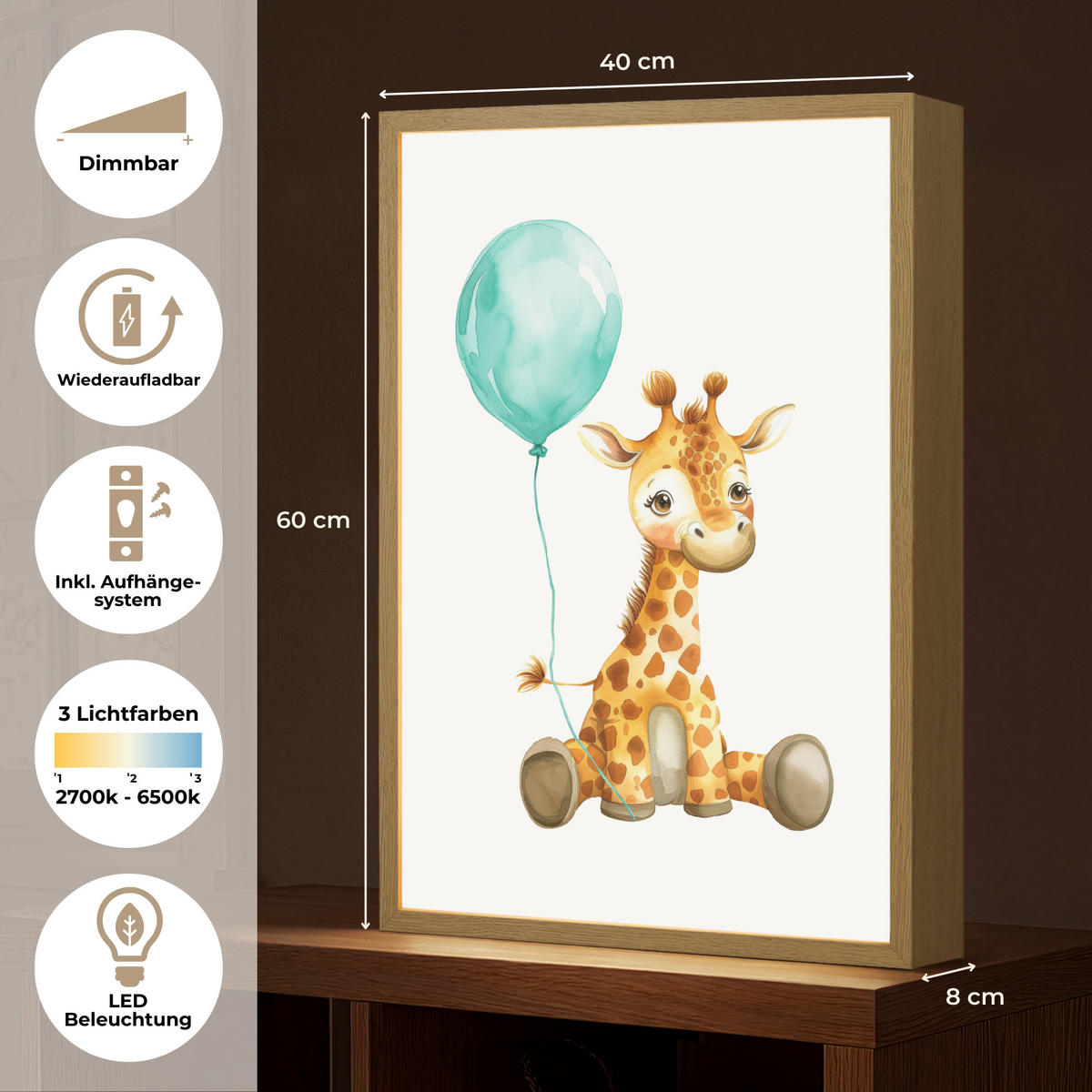 NACHTTISCHLAMPE MIT AKKU Giraffe - Baby - Tiere - Blauer Ballon 40x60 cm - Weiß, Holzwerkstoff (8/40/60cm) - OnlyWow