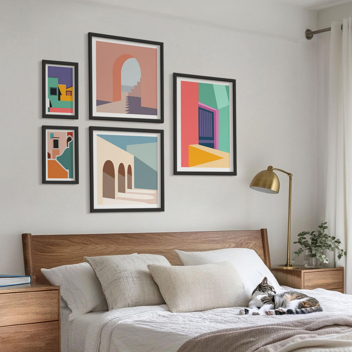 BILDER SET 5er Set - 50x50 cm & 20x30 cm & 40x60 cm Schwarzer Rahmen - Farbenfrohe Illustrationen der Stadt - Schwarz, Kunststoff (40/60cm) - TULUP