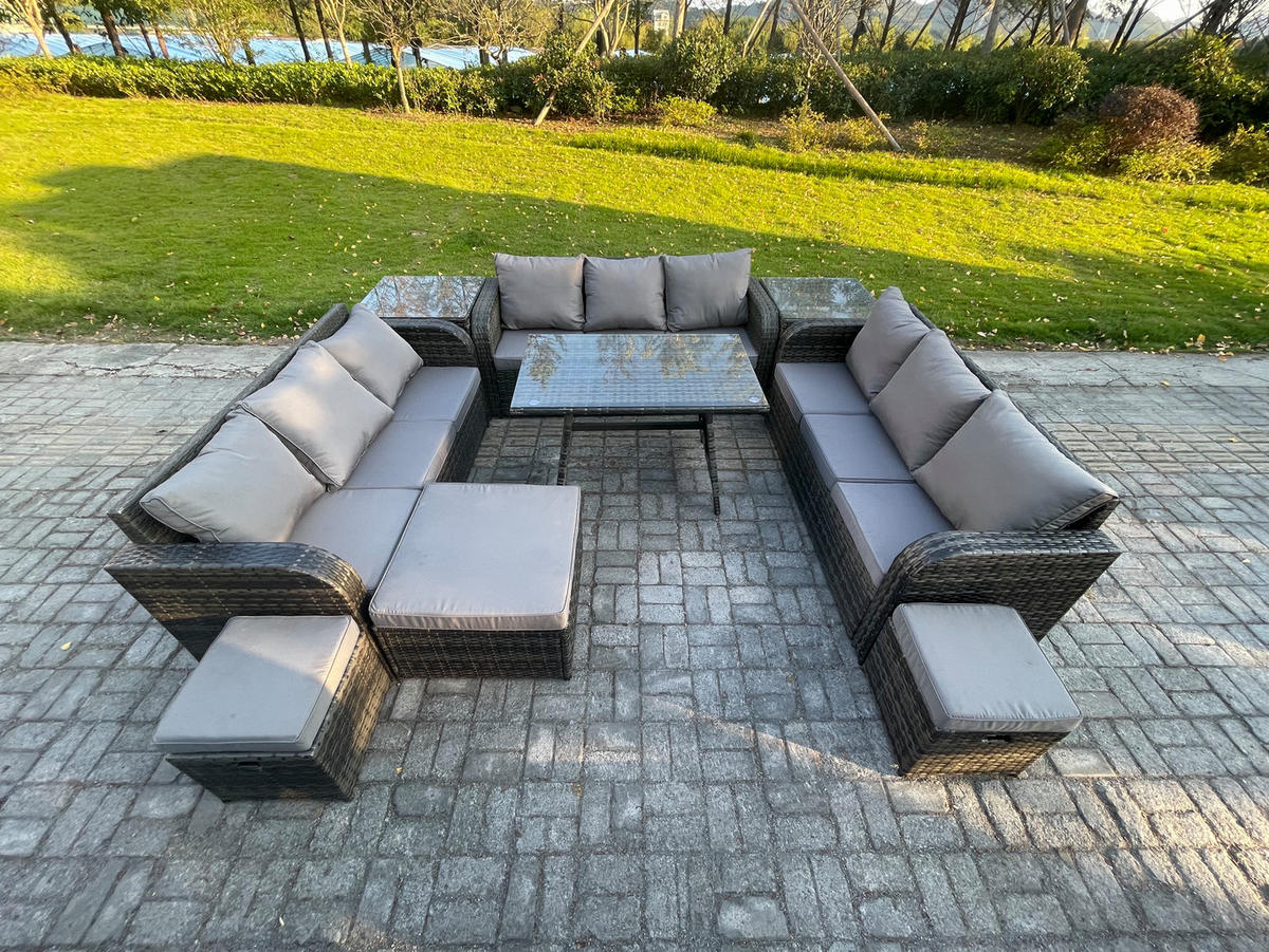 GARTENMÖBELSET mit ESSTISCH, 3-SITZER SOFA Polyrattan 12-Sitzer - Dunkelgrau/Grau, Glas/Kunststoff - Fimous