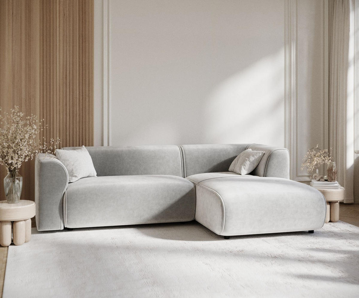 ECKSOFA Melani Hellgrau Samtstoff - Rechts Seite - Creme/Schwarz, Holz/Holzwerkstoff (162/256cm) - Maison de Reve