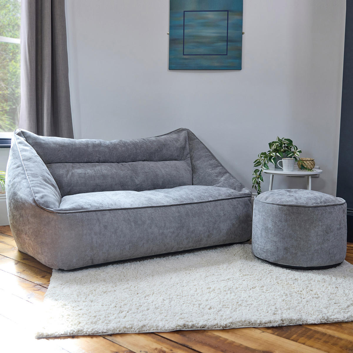 SITZSACK Chenille-Sofa icon Cecilia und Fußhocker-Sitzsack Milano im 2-teiligen Set, grau - Grau, Kunststoff/Textil (160/70/93cm) - icon