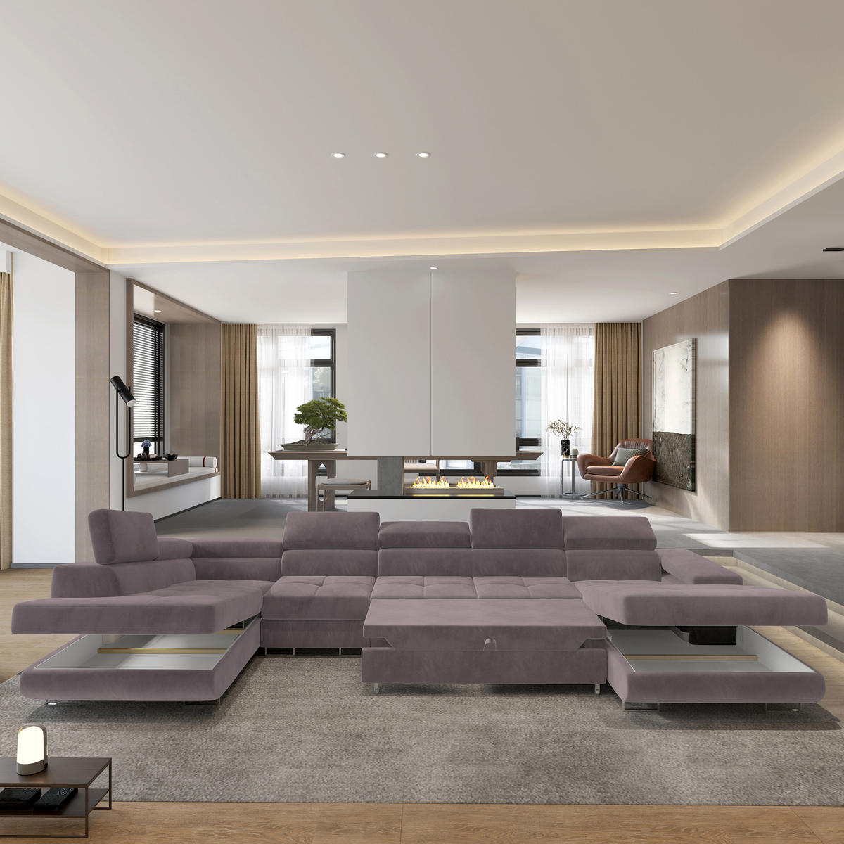 WOHNLANDSCHAFT VELORA L-S Lila Velours-Stoff mit Schlaffunktion - Lila, Holz (419/90/202cm) - MASSENO