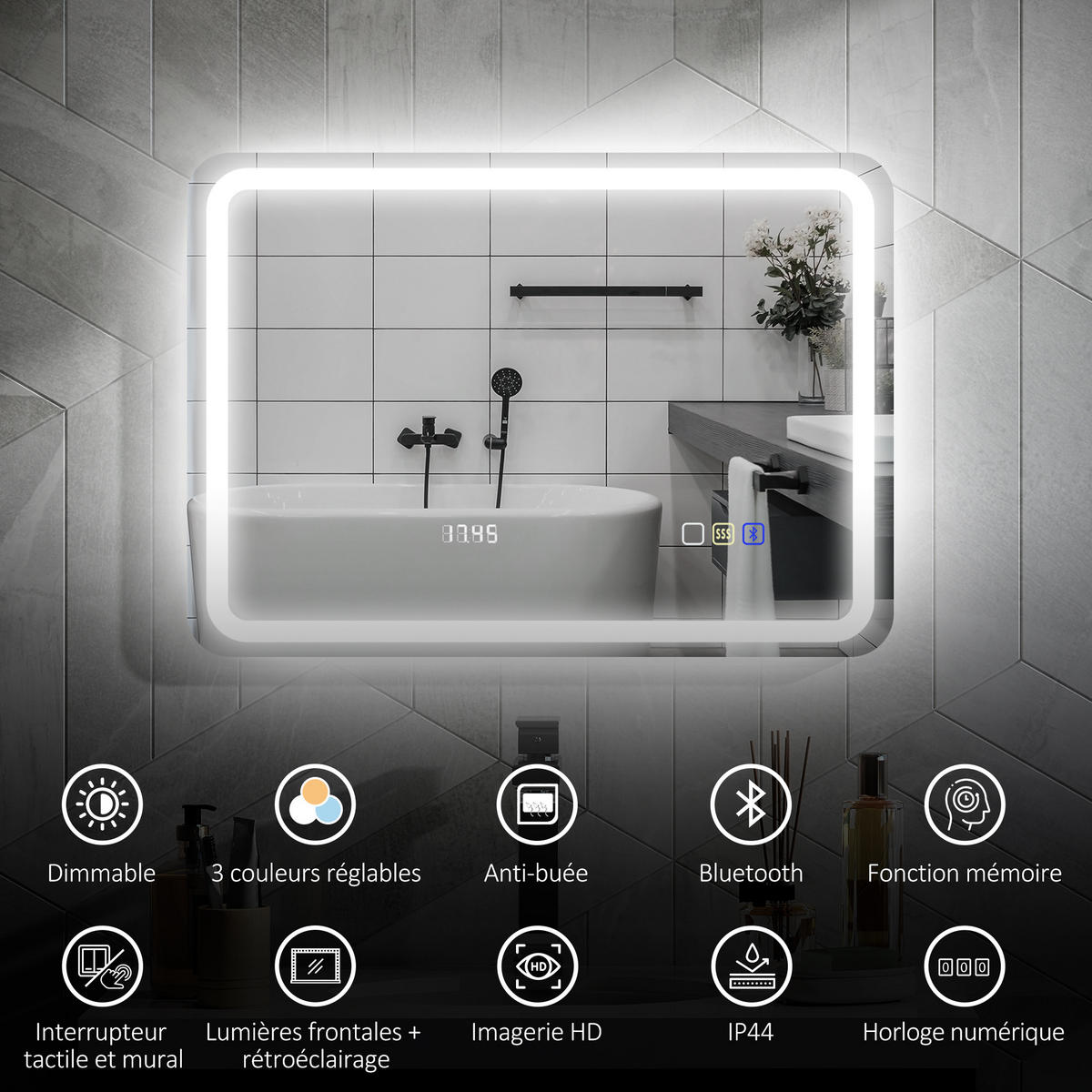 BADEZIMMERSPIEGEL DE-15201 mit Bluetooth, Uhrzeit und Antibeschlag Silber - Silberfarben, Glas (3.5/70/50cm) - ComfortXL