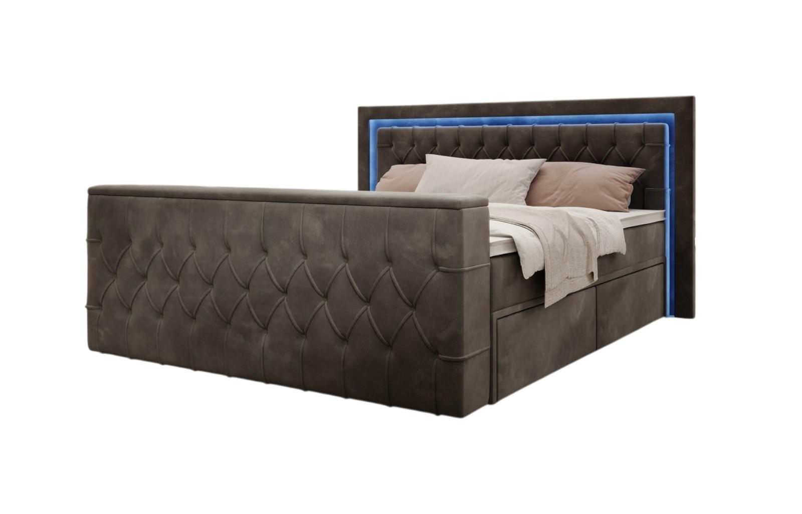 BOXSPRINGBETT Arosa TV mit Schubladen und Topper, TV-Lift, LED Beleuchtung, Samt, 180x200 cm, Grau - Grau, Holz - PROMETO Möbel