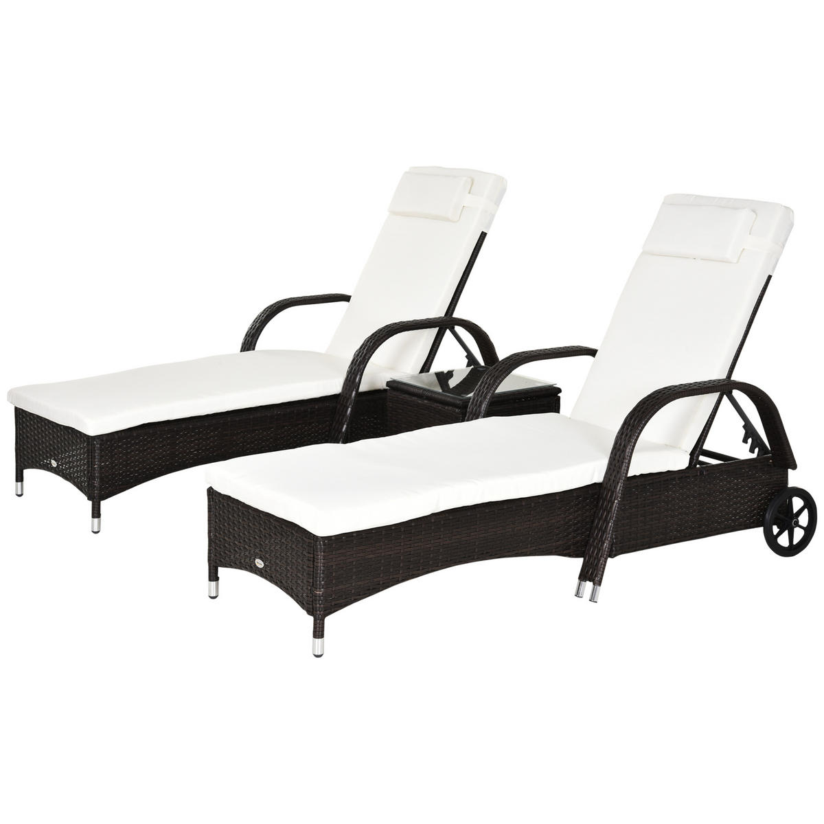 3ER-SONNENLIEGEN-SET DE-06659 2 Liegen + Beistelltisch, Braun/Cremeweiß - Creme/Braun, Kunststoff/Metall - ComfortXL