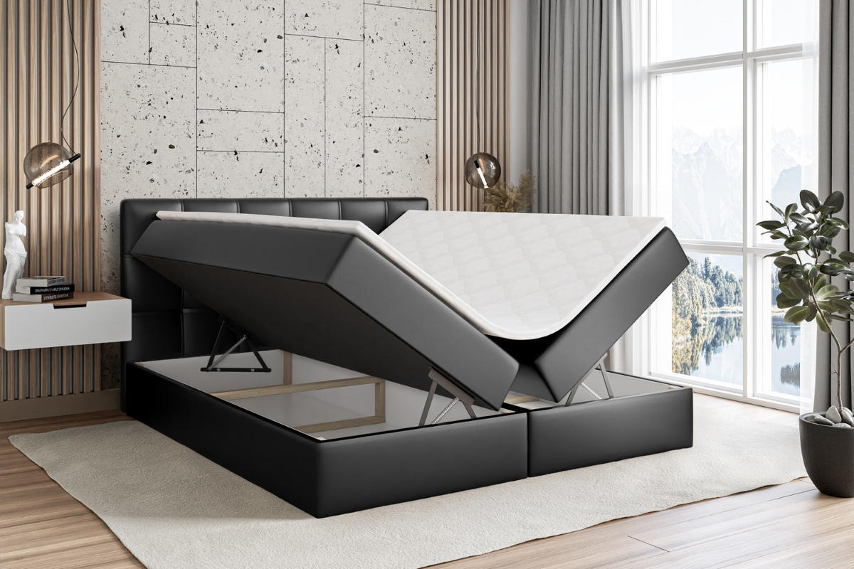 BOXBETT mit Matratze H4 und Lattenrost - MARCE - 160 x 200 cm - Schwarz - Schwarz Hochglanz, Holzwerkstoff (160/200cm) - ALTDECOR