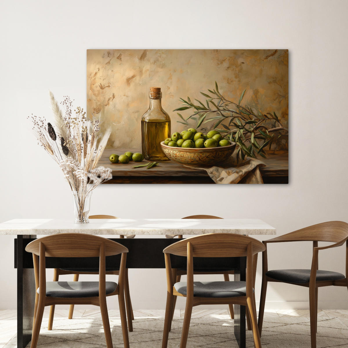 LEINWANDBILD Oliven - Stilleben - Vintage Wohnzimmer 120x80 cm - Olivgrün, Textil (120/80cm) - MuchoWow