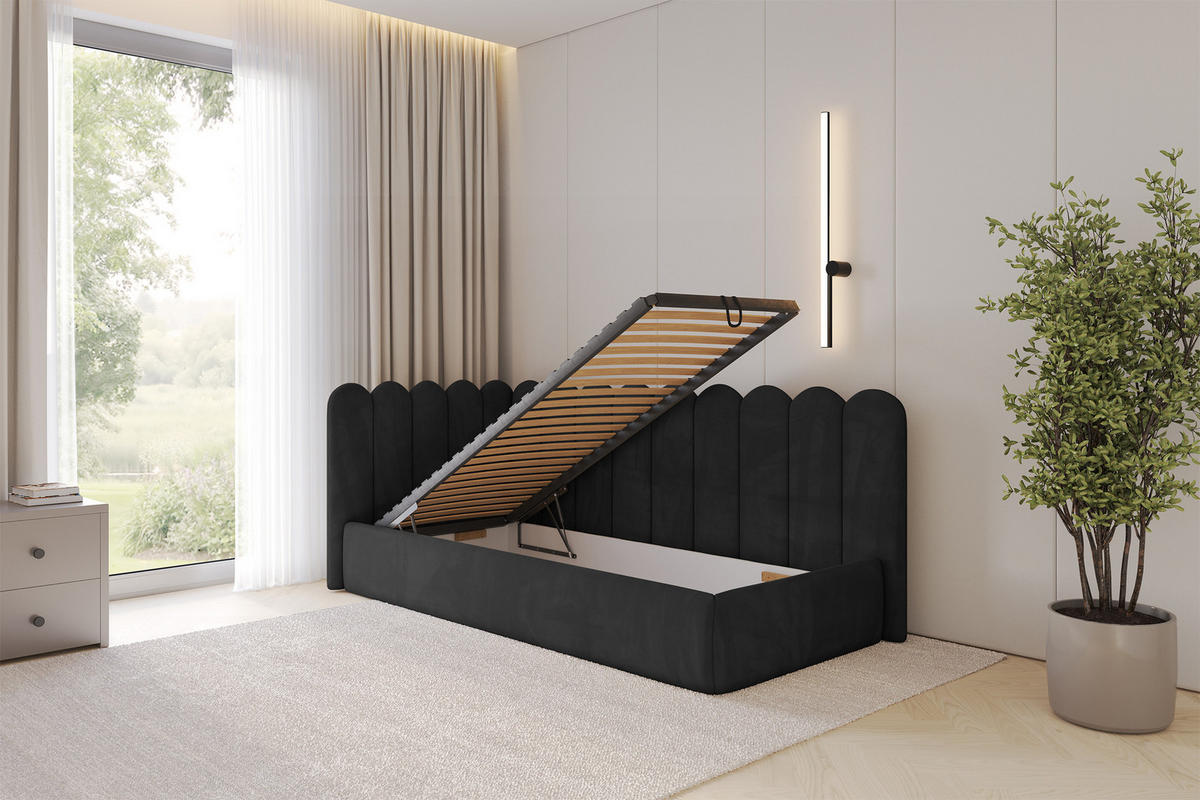 EINZELLBETT Jugendbett mit Bettkasten, Rechts - ARTY 90x200 Schwarz - Anthrazit, Holzwerkstoff/Textil (90/200cm) - ALTDECOR