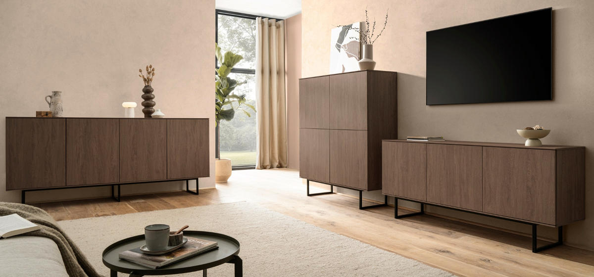 SIDEBOARD in Nussbaum 200 x 90 cm, Kommode mit Push-to-Open - Nussbaumfarben/Schwarz, Holzwerkstoff/Metall (200/90/40cm) - Furn.Design