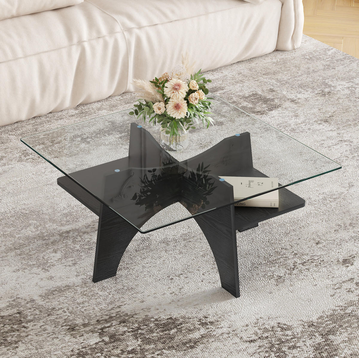 COUCHTISCH aus MDF und Glas 80x80x40 cm in Schwarz mit Ablagefach - Schwarz, Glas (80/80/40cm) - Modfu