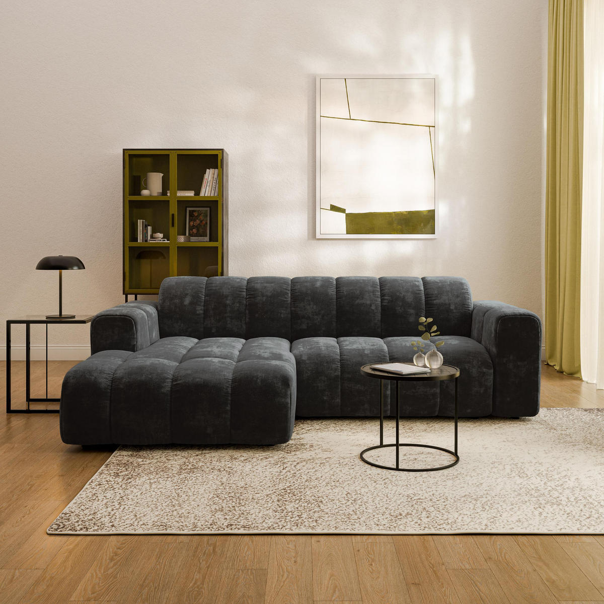 ECKSOFA TISI Schwarz Chenille - Schwarz, Holz (274/165cm) - MASSENO